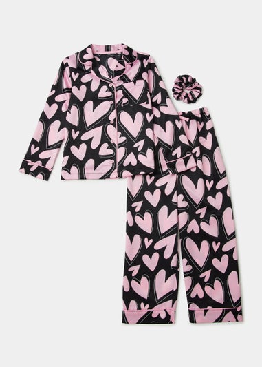 Girls Black Heart Print Satin Pyjama & Scrunchie Set (4-13yrs)