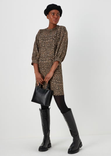 Tan Jacquard Leopard Print Dress