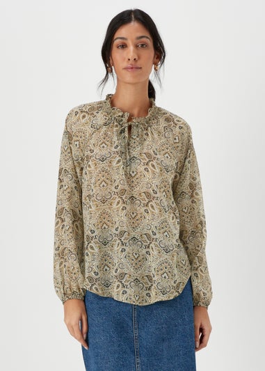 Khaki Paisley Print Tie Neck Blouse