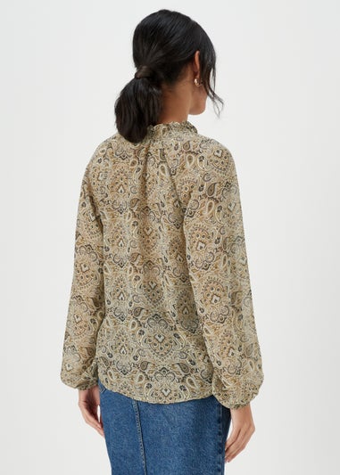 Khaki Paisley Print Tie Neck Blouse