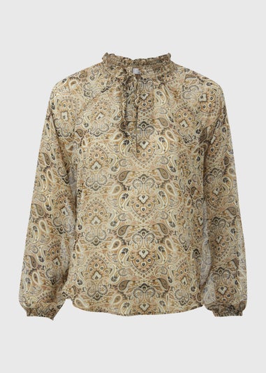 Khaki Paisley Print Tie Neck Blouse