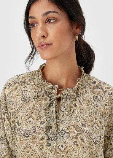 Khaki Paisley Print Tie Neck Blouse