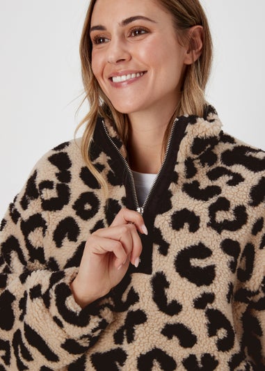 Cream Leopard Print Borg Half Zip Sweatshirt