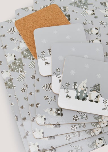 8 Pack Grey Christmas Gnome Placemats & Coasters Set