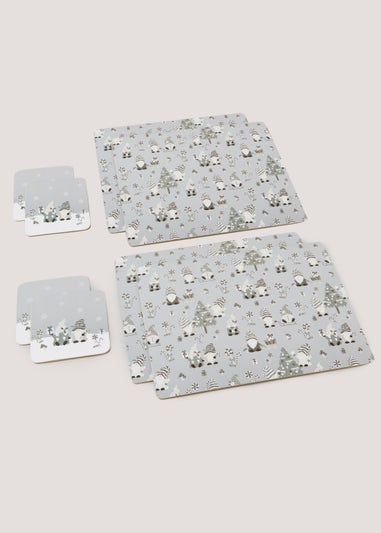 8 Pack Grey Christmas Gnome Placemats & Coasters Set