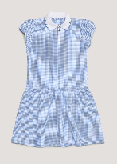 Girls Blue Knitted Collar Gingham School Dress (3-14yrs)