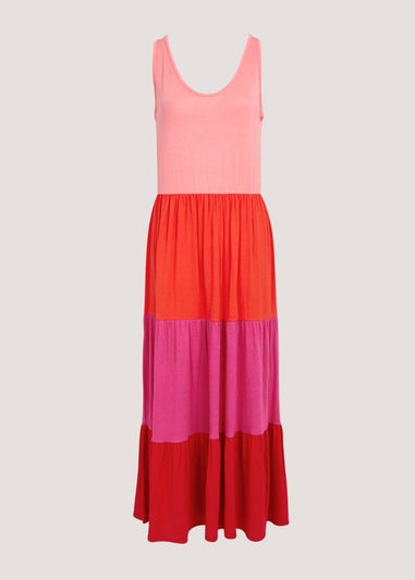 Multicoloured Tiered Colour Block Midi Dress