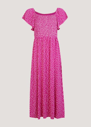 Pink Spot Print Short Sleeve Midi Dress