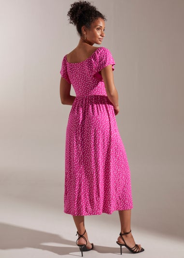 Pink Spot Print Short Sleeve Midi Dress