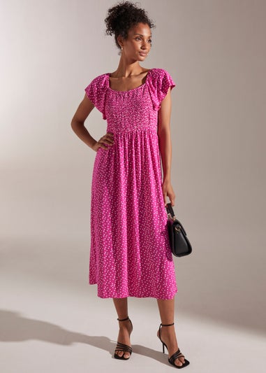 Pink Spot Print Short Sleeve Midi Dress