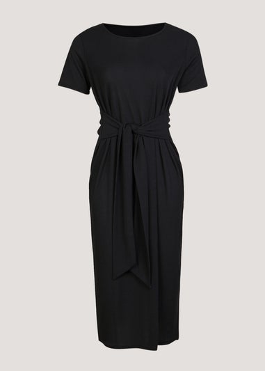 Black Tie Waist Ribbed Dress