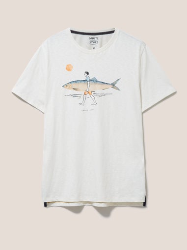 T-Shirt mit Fisch- und Surfboardmotiv