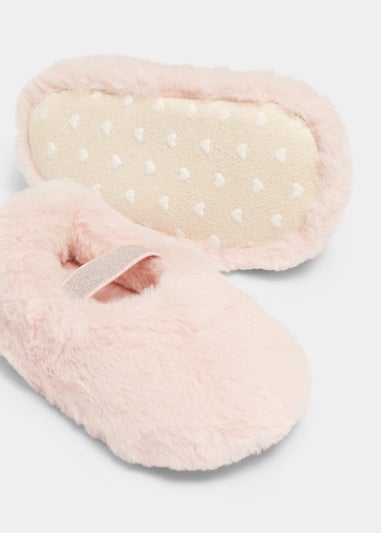 Girls Pink Faux Fur Ballet Slippers (Younger 4-12)