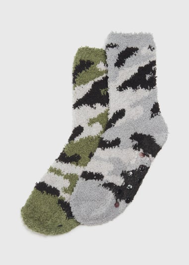 2 Pack Multicoloured Camouflage Print Slipper Socks