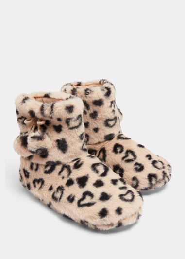 Girls Tan Leopard Print Boot Slippers (Younger 10-Older 5)