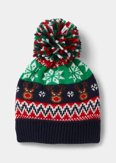 Boys Navy Reindeer Christmas Bobble Hat (3-10yrs)