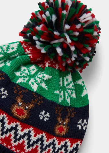 Boys Navy Reindeer Christmas Bobble Hat (3-10yrs)