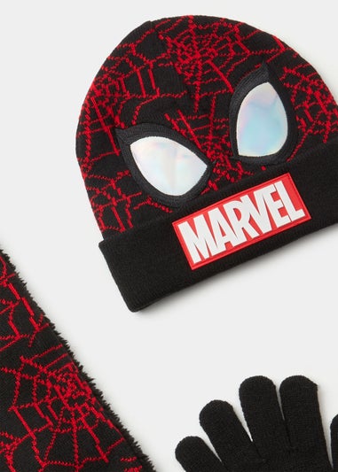Kids Black Marvel Spider-Man Beanie Hat Scarf & Gloves Set (3-10yrs)