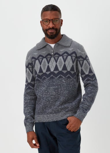 Lincoln Grey Fairisle 1/4 Zip Up Knit Jumper