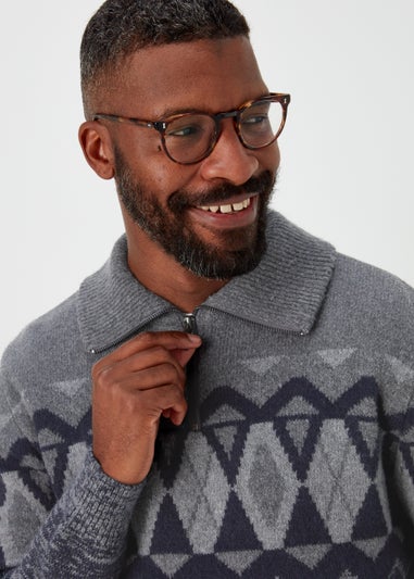 Lincoln Grey Fairisle 1/4 Zip Up Knit Jumper