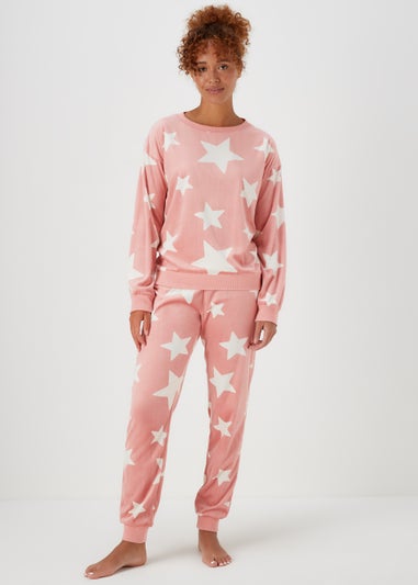 Pink Textured Velour Star Pyjama Set