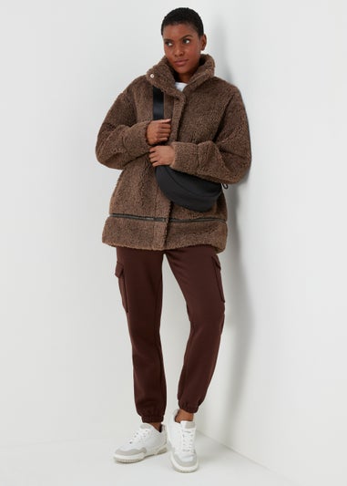 Brown Teddy Fleece Bomber Jacket