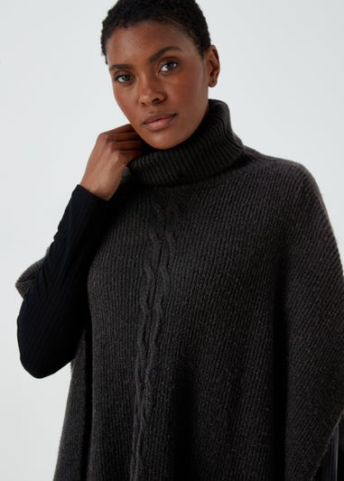 Black Cable Knit Roll Neck Poncho