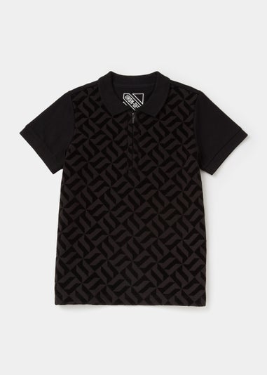 Boys Black Print Flock Polo Shirt (4-13yrs)