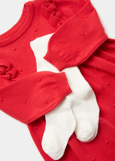 Girls Red Spot Knitted Tunic Dress & Tights Set (9mths-6yrs)