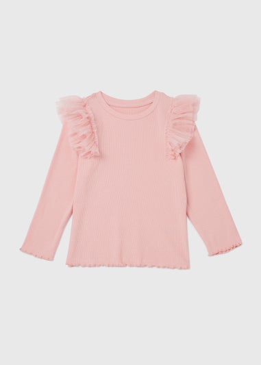 Girls Pink Shoulder Frill Ribbed Long Sleeve T-Shirt (9mths-6yrs)