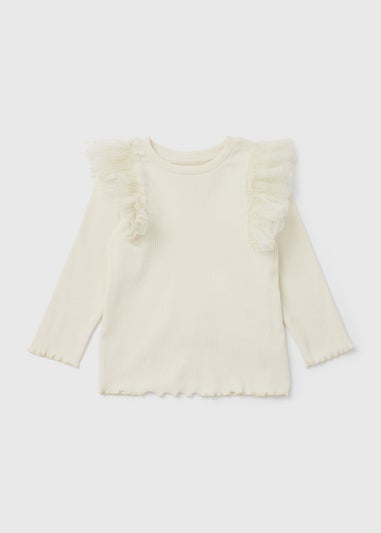 Girls Cream Shoulder Frill Ribbed Long Sleeve T-Shirt (9mths-6yrs)