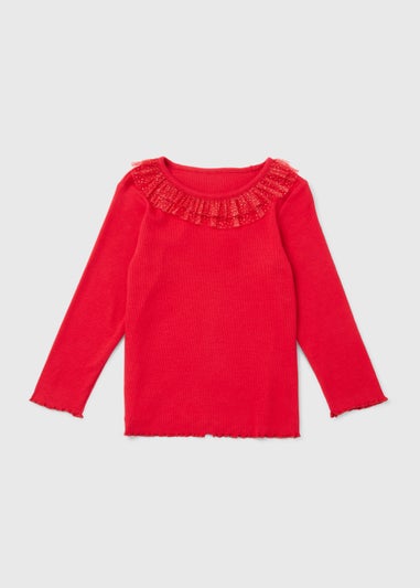 Girls Red Frill Neck Ribbed Top (9mths-6yrs)