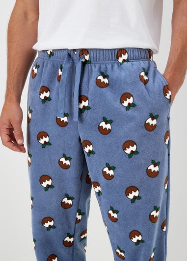 Blue Christmas Pudding Fleece Pyjama Bottoms