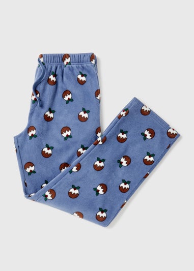 Blue Christmas Pudding Fleece Pyjama Bottoms