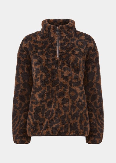 Brown Animal Print Half Zip Teddy Fleece