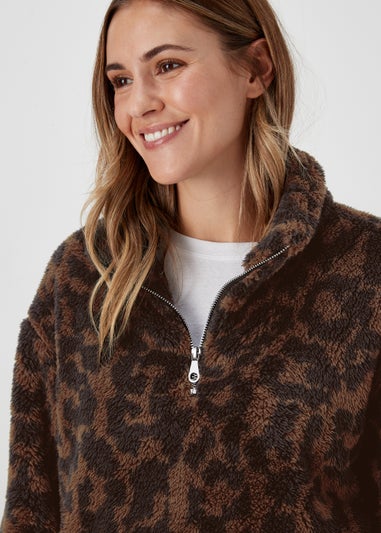 Brown Animal Print Half Zip Teddy Fleece