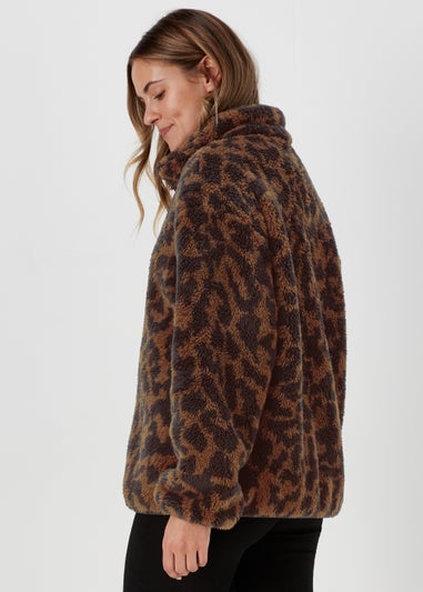 Brown Animal Print Half Zip Teddy Fleece