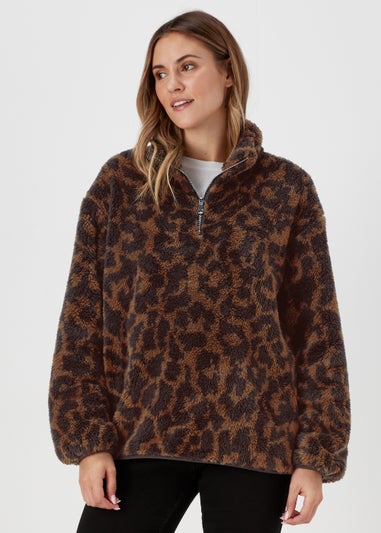 Brown Animal Print Half Zip Teddy Fleece