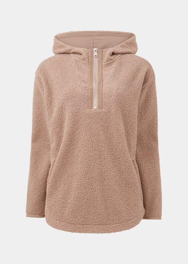 Beige Borg Half Zip Longline Hoodie