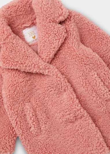 Girls Pink Longline Teddy Fleece Coat (4-13yrs)