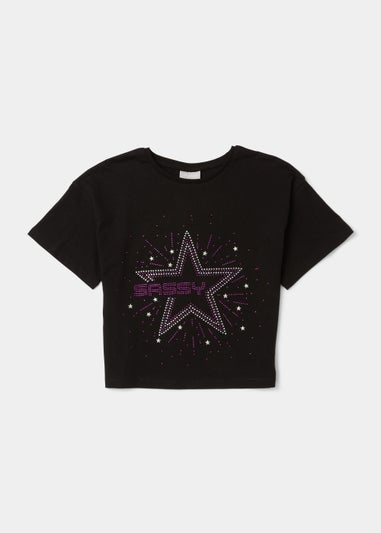 Girls Black Stud Star Sassy T-Shirt (4-13yrs)