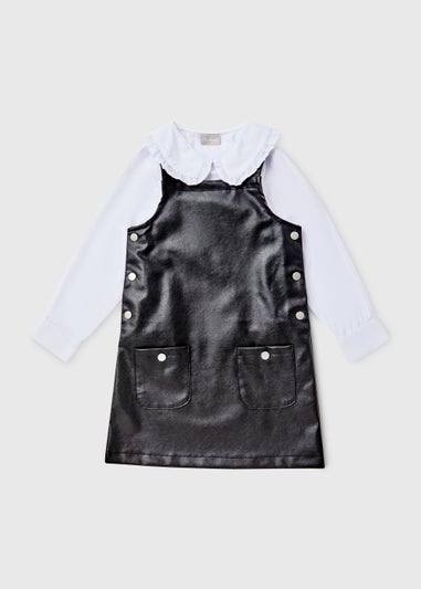 Girls Black PU Pinafore & White Top Set (4-13yrs)