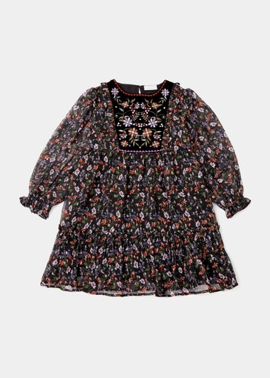 Girls Black Embroidered Metallic Floral Dress (4-13yrs)