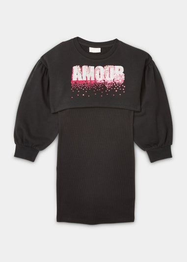 Girls Black Cropped Sequin Sweatshirt Dress (4-12yrs)