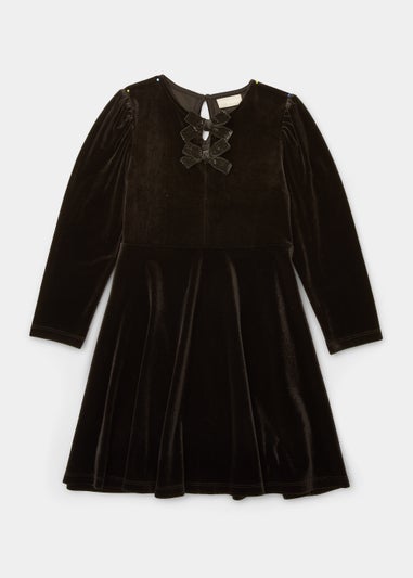 Girls Black Bow Velvet Dress (4-12yrs) - Matalan