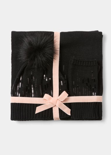 Black Sequin Hat Scarf & Gloves Set