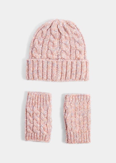 Pink Chunky Cable Knit Beanie Hat & Fingerless Gloves Set