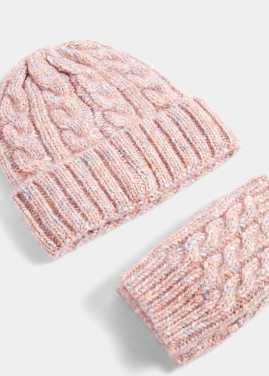 Pink Chunky Cable Knit Beanie Hat & Fingerless Gloves Set