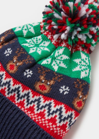 Navy Christmas Reindeer Bobble Hat