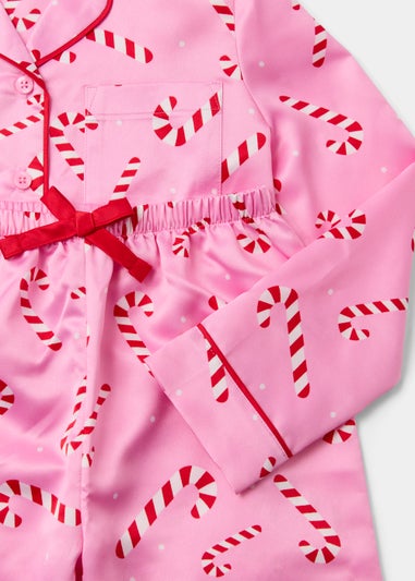 Girls Pink Christmas Candy Cane Satin Pyjama & Scrunchie Set (4-13yrs)